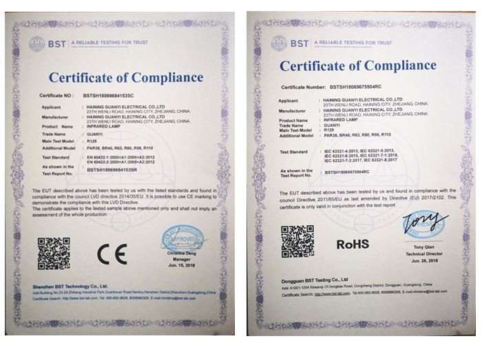 certification of infrared warming lamp